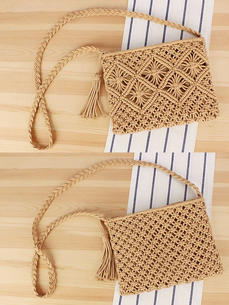 Dames Handgeweven Boho Crossbody Tas – Vintage Macramé Schoudertas met Kwastje voor Strandvakanties en Casual Outfits Kleur Zwart Wit Roze