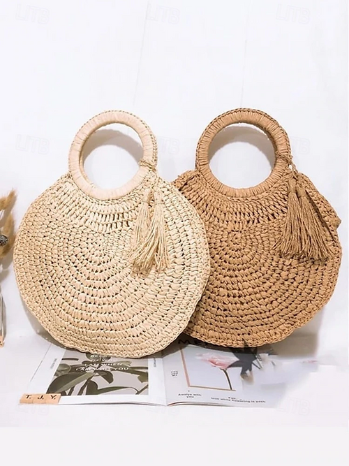 Dames Handgemaakte Ronde Geweven Stro Tote Tas met Grote Capaciteit – Bohemien Strandtas met Kwastjes, Zomervakantie Rieten Tas voor Reizen, Winkelen en Vakantie, Bruin Beige