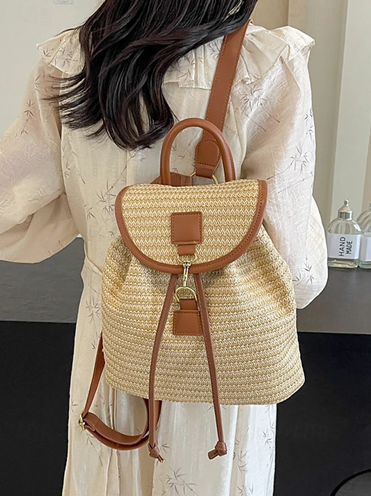 Rieten Rugzak voor Dames – Boho Geweven Rieten Reistas met Leren Bandjes, Chique Zomerse Strandrugzak, Casual Vakantie- & Dagelijkse Handtas Wit Roze Bruin